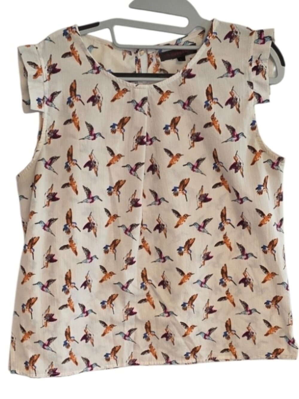 SM Wardrobe Hummingbird Print Sleeveless Blouse Top Shirt Sz L Bird Birds Whimsy
